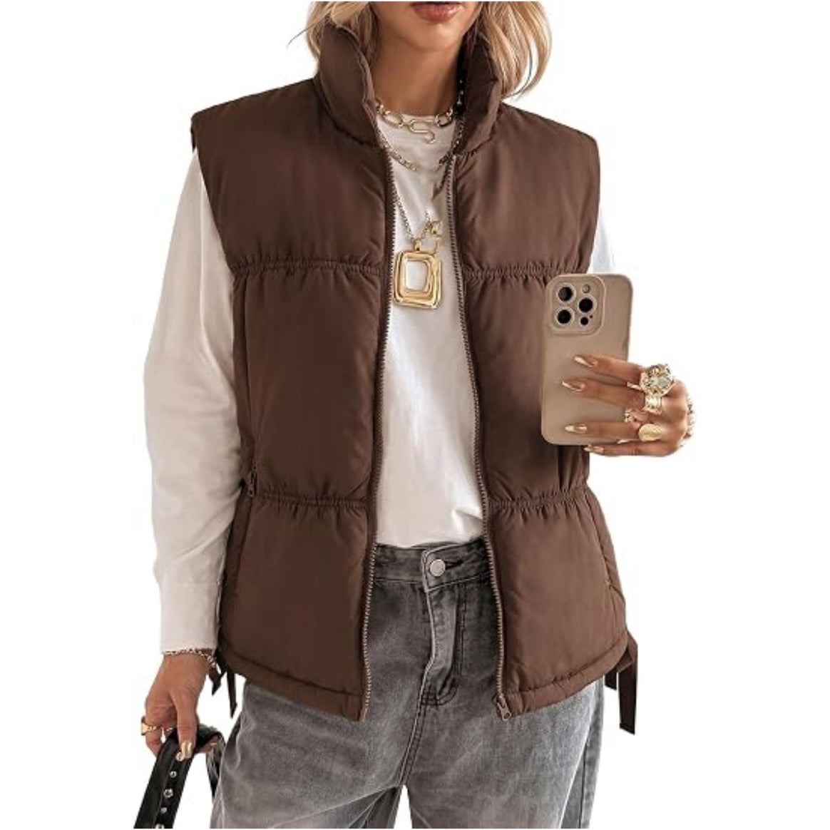 Women’s Padded Sleeveless Vest with Stand-Up Collar and Drawstring Mune Fashion