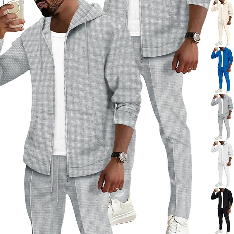 Men's waffle texture tracksuit with hooded zip jacket and tapered jogging pants Mune Fashion