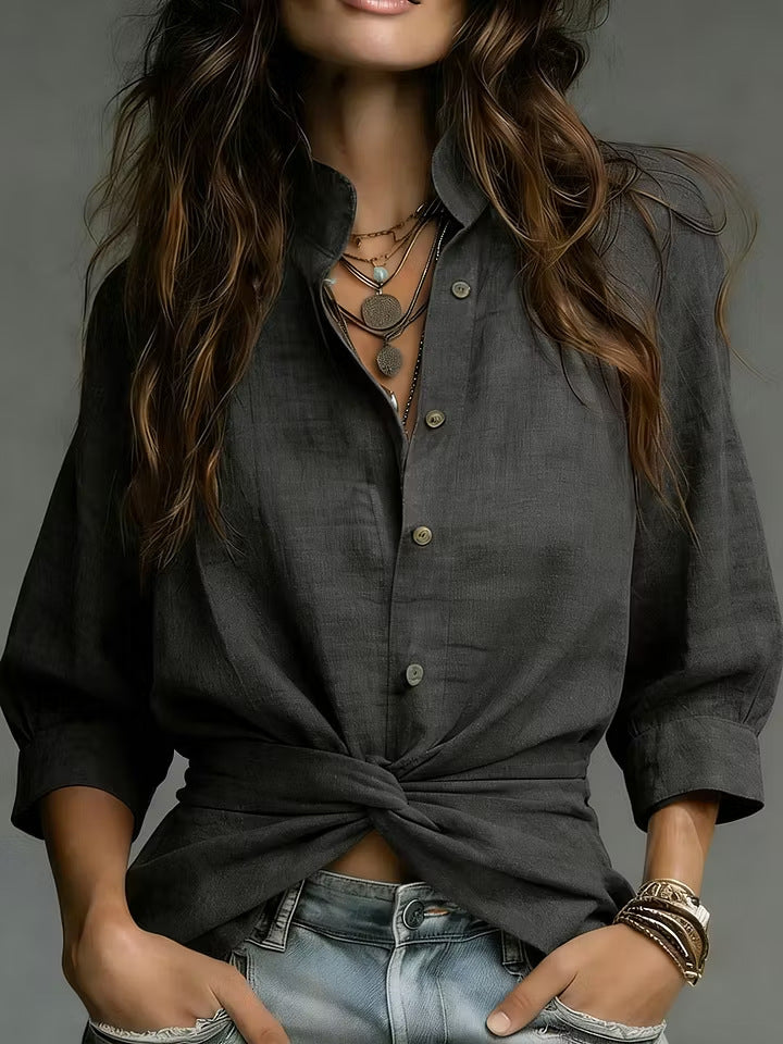Women's Lightweight Linen Look Shirt Blouse with Knot Front and Three-Quarter Sleeves Mune Fashion