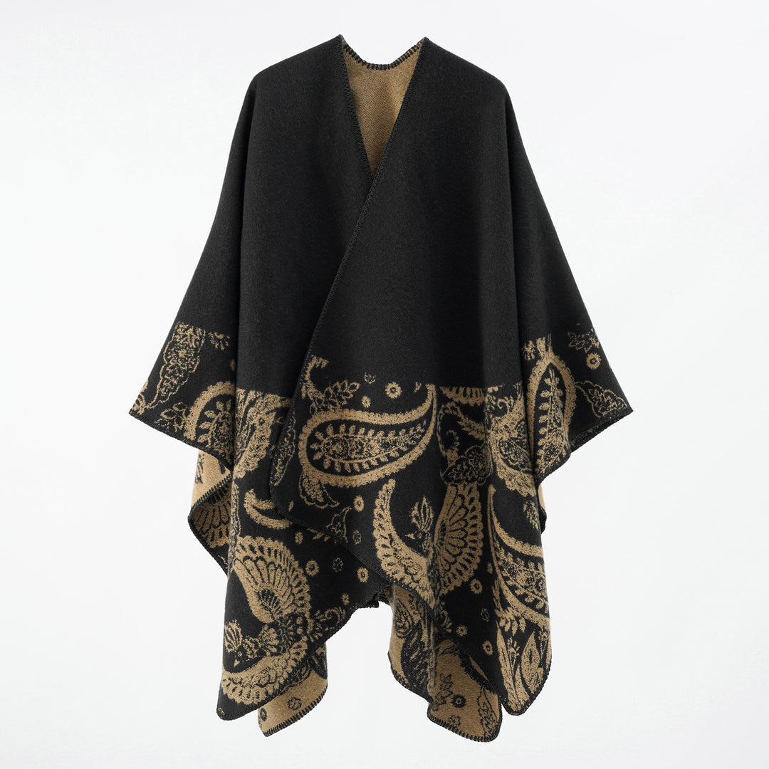 Women's Fine Wool Cape in Overlay Style with Contrasting Border Jacquard Design