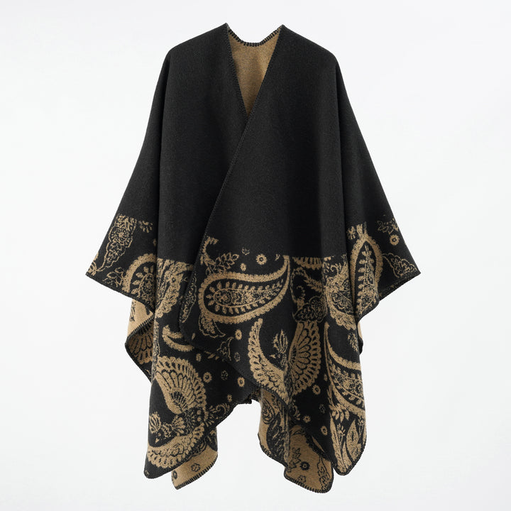Women's Fine Wool Cape in Overlay Style with Contrasting Border Jacquard Design