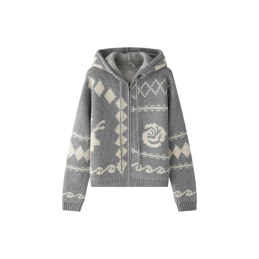 Women's chunky knit hooded cardigan with zipper and Norwegian pattern Mune Fashion