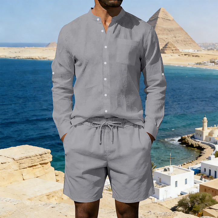 Men's casual linen set with stand collar shirt and drawstring shorts Mune Fashion