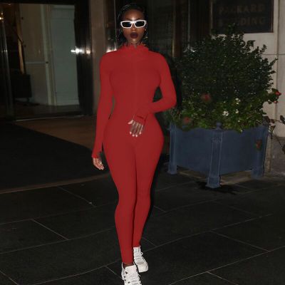 Women Figure-hugging Ribbed Knit Overall with Stand-up Collar and Front Zipper Mune Fashion
