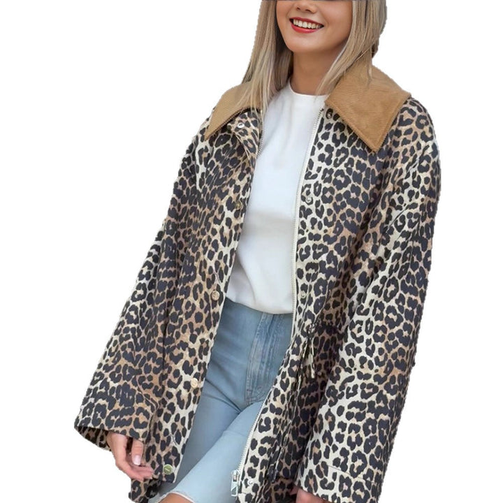 Women's Oversize Field Jacket with Leopard Print and Contrasting Cord Collar Mune Fashion
