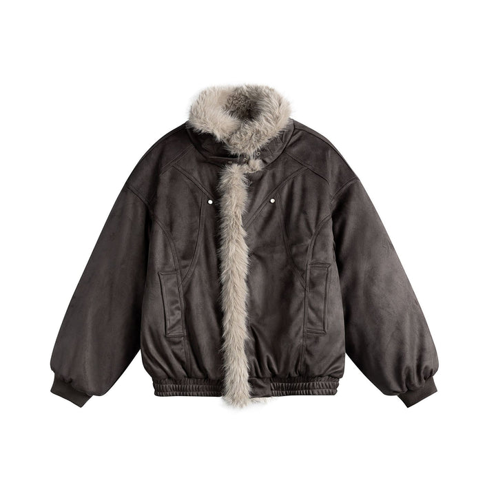 Women's boxy bomber jacket made of faux suede with a voluminous faux fur collar Mune Fashion