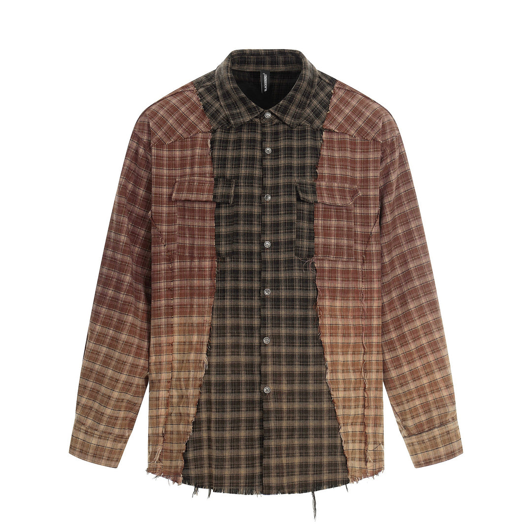 Men's Patchwork Flannel Overshirt with Frayed Edges Mune Fashion