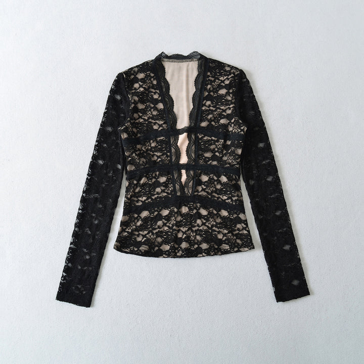 Women's Transparent Lace Blouse with V-Neck, Tailored Inserts and Long Sleeves Mune Fashion
