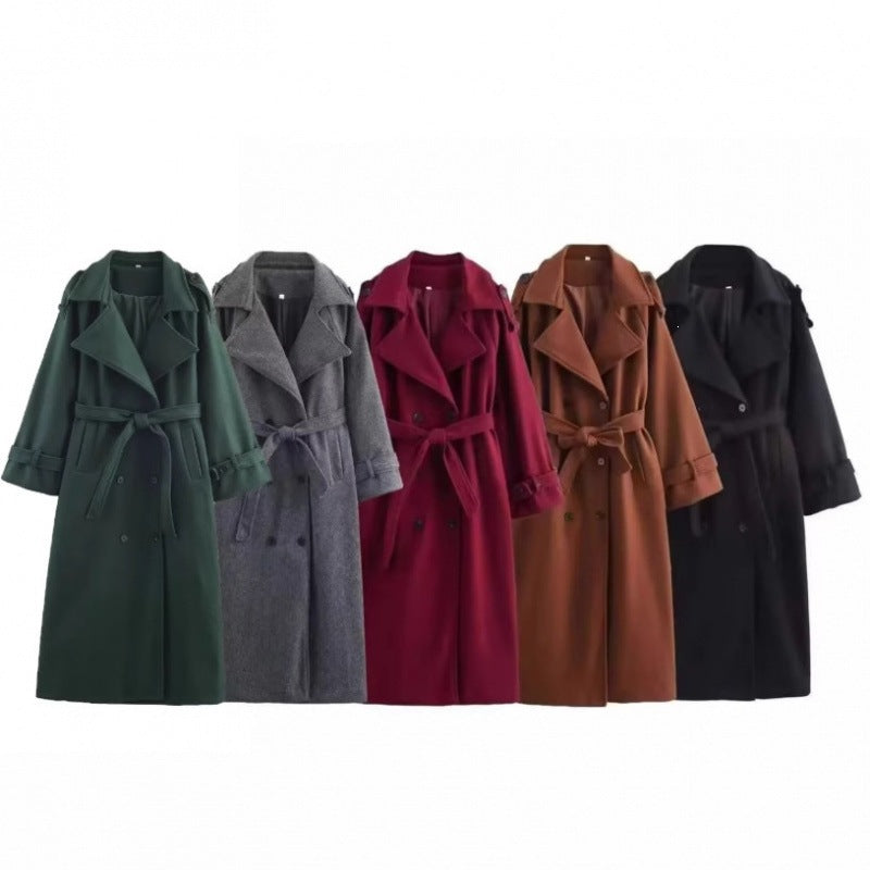 Women’s long double-breasted wool blend trench coat with belt and wide lapels Mune Fashion