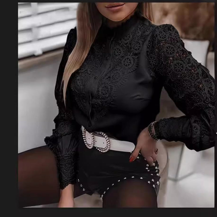 Ladies Elegant Shirt Blouse with Lace Inserts, Classic Collar and Cuffs Mune Fashion