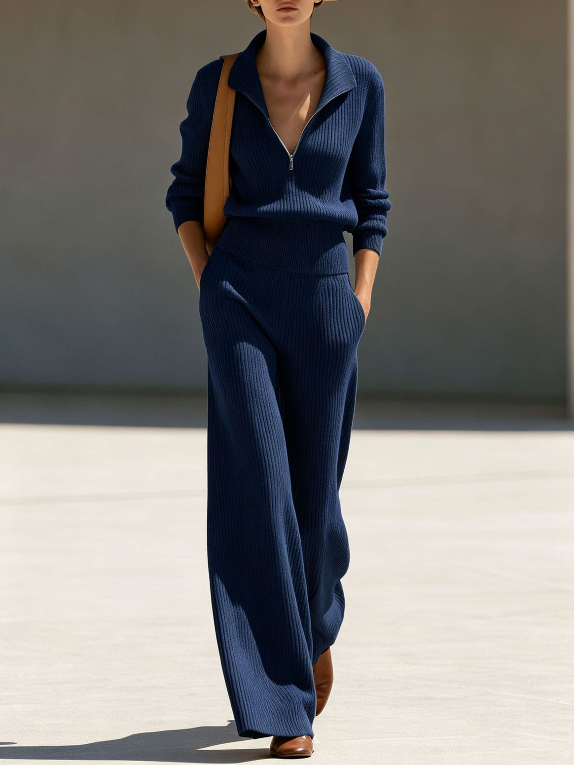 Women's ribbed knit set with half zipper and wide palazzo pants Mune Fashion