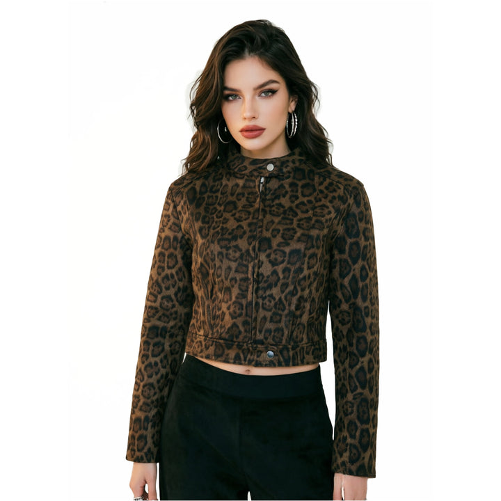Women Short Jacket with Leopard Pattern and Stand-up Collar Mune Fashion