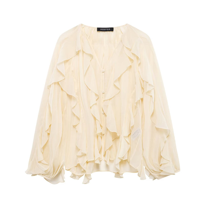 Women's feminine chiffon ruffle blouse with balloon sleeves and V-neck Mune Fashion
