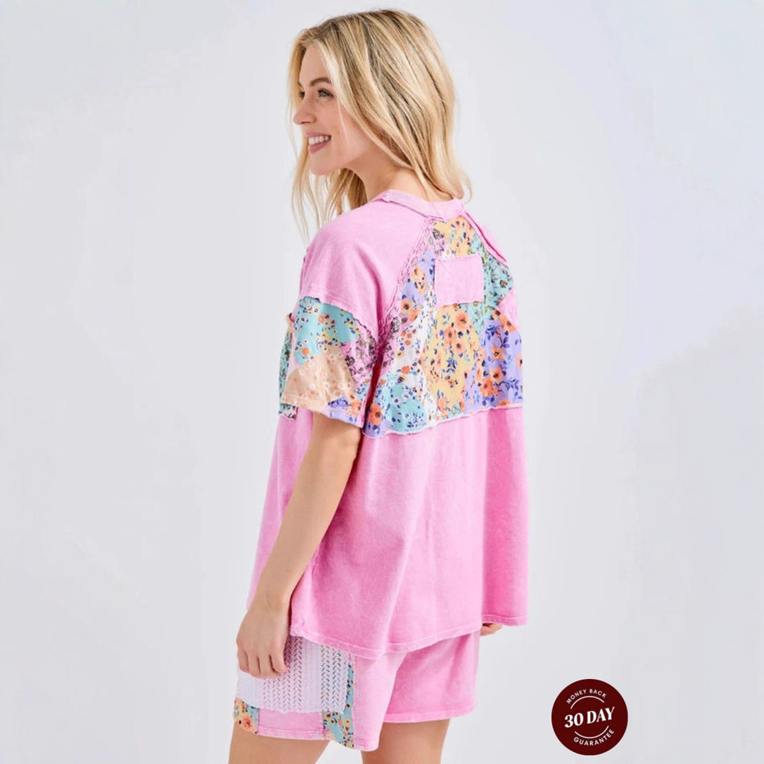 Women's short house suit set made of cotton jersey with floral patchwork look, chest pocket and drawstring Mune Fashion