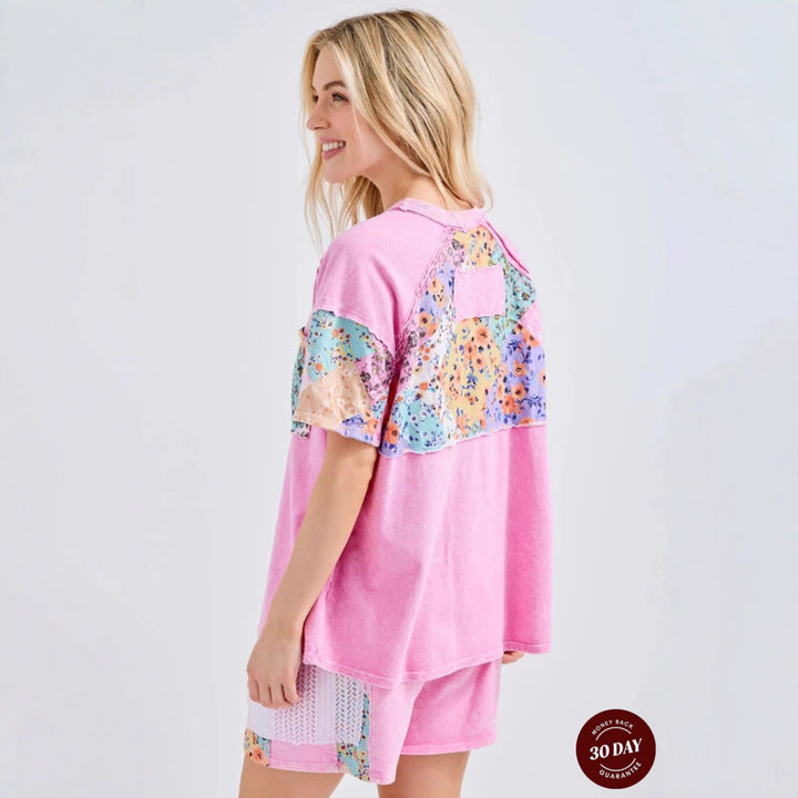 Ladies casual loungewear two-piece set with oversized shirt, drawstring shorts, patchwork bag, and crochet trim Mune Fashion