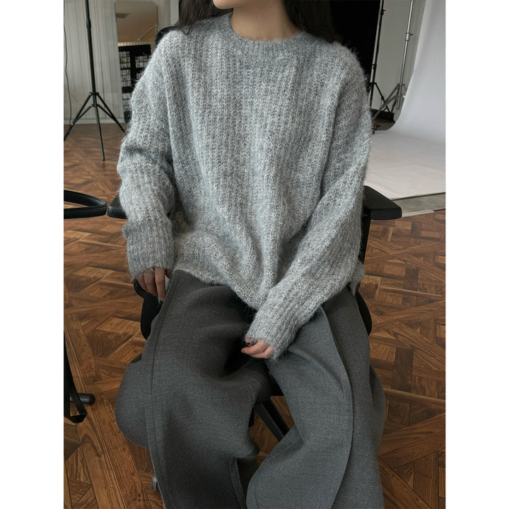 Women Fluffy Oversized Sweater in Mohair Look with Ribbed Textured Knit Mune Fashion