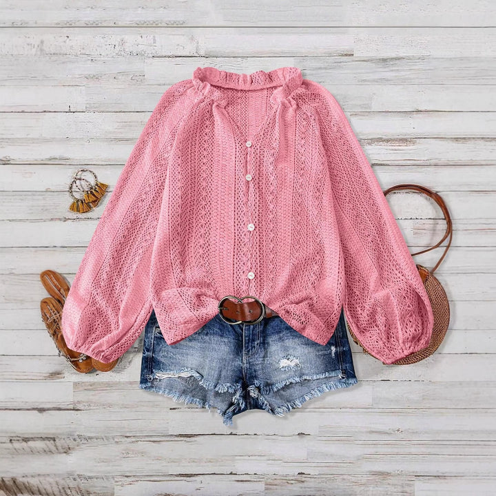Ladies' crochet blouse with button placket and balloon sleeves Mune Fashion