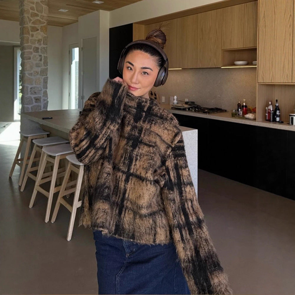 Women's Fluffy Pullover in Vintage Check with High Collar and Frayed Hem Mune Fashion