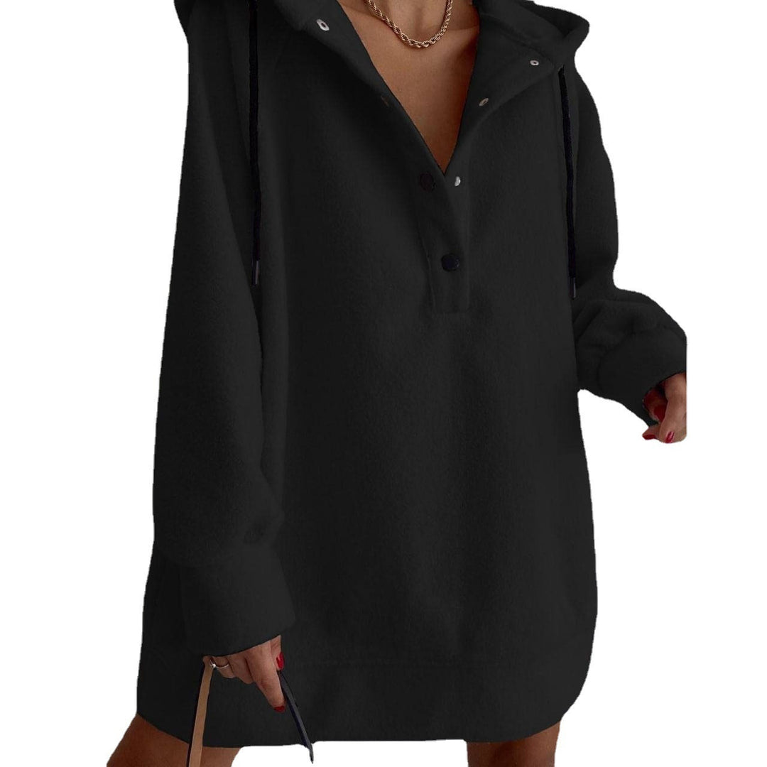 Women's cozy hooded fleece tunic sweatshirt with snap button placket and dropped shoulder Mune Fashion