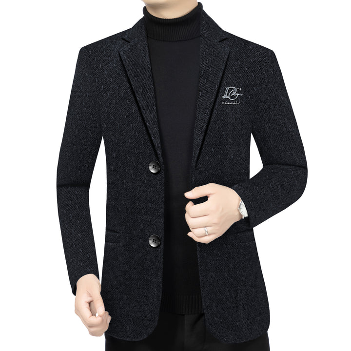 Men's Tailored Wool Blend Blazer in Structured Look with Lapels, Logo Stitch and Two-Button Front Mune Fashion
