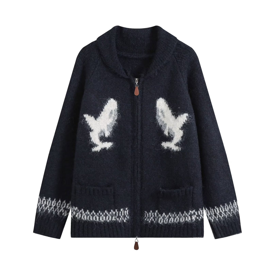 Women's chunky knit zip cardigan with shawl collar and intarsia motif Drune