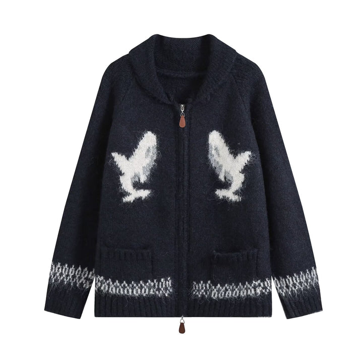 Women's chunky knit zip cardigan with shawl collar and intarsia motif Drune