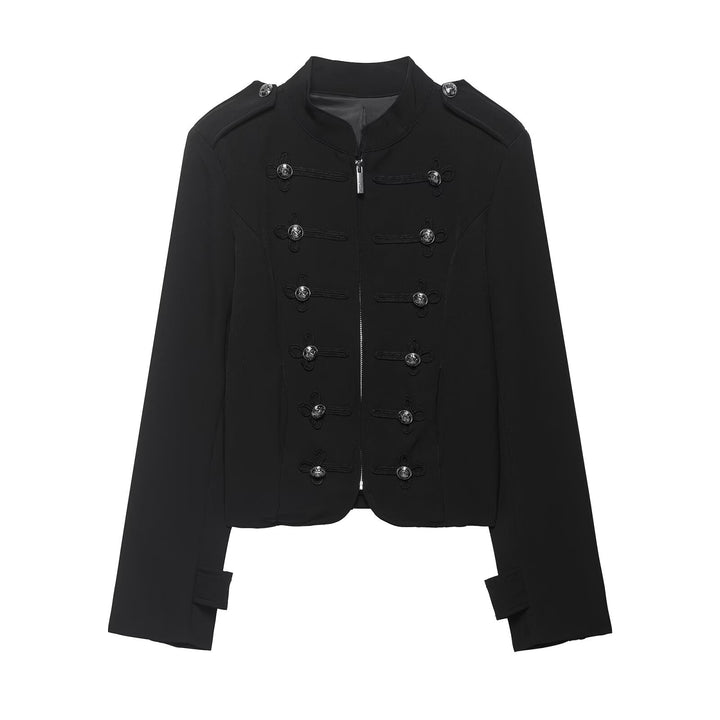 Women’s military-inspired short jacket with stand-up collar, decorative cords, and epaulettes Mune Fashion