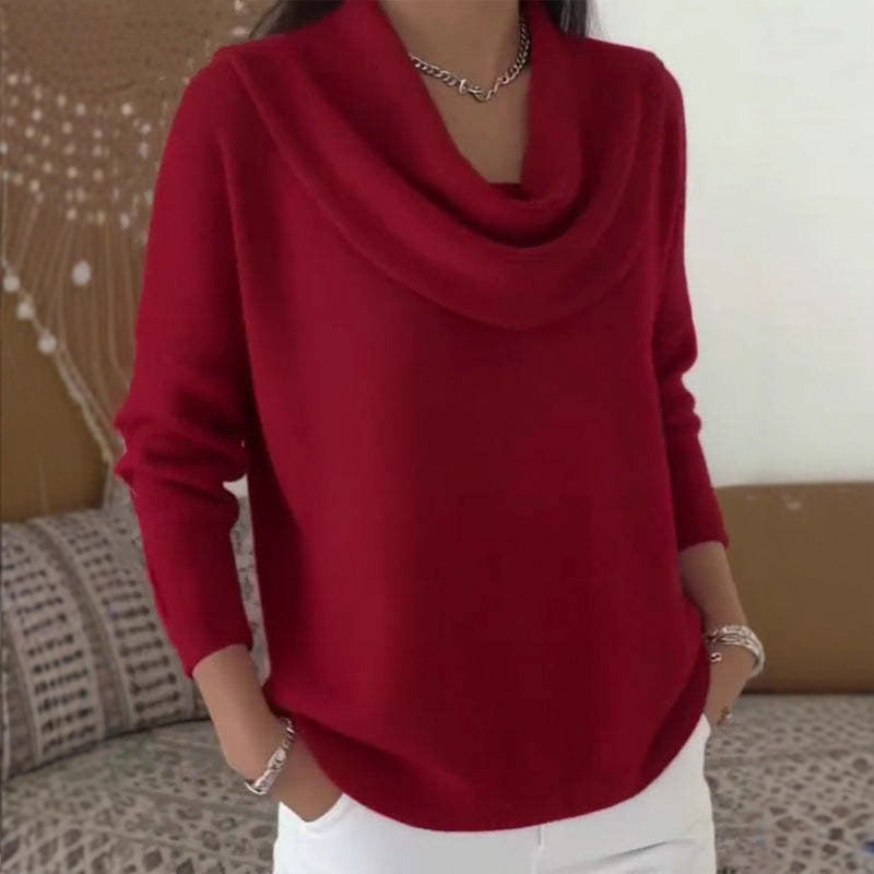 Women's shimmering knit sweater with waterfall collar, fine glitter structure and slim hem Mune Fashion