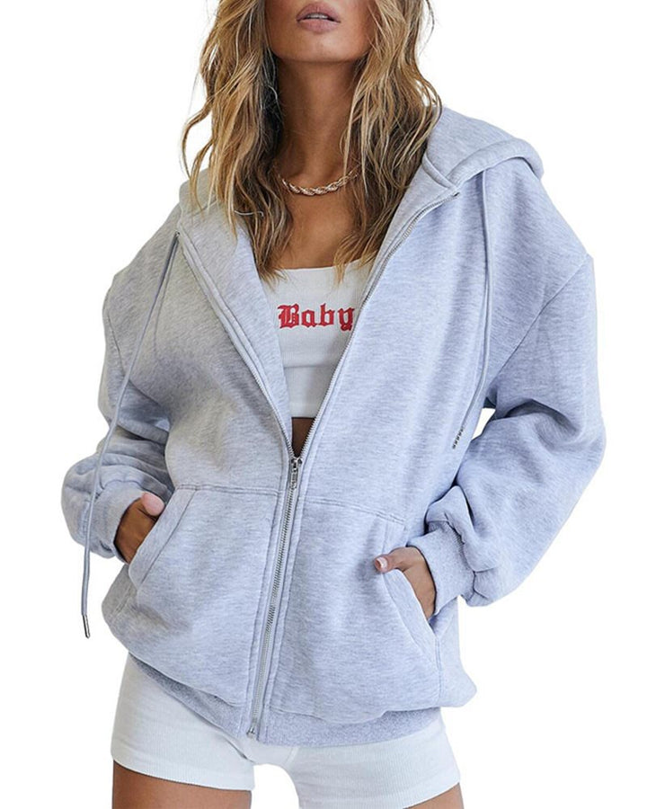 Women's Fleece Zip Jacket in Oversized Style with Hood, Kangaroo Pockets and Elastic Hem Mune Fashion