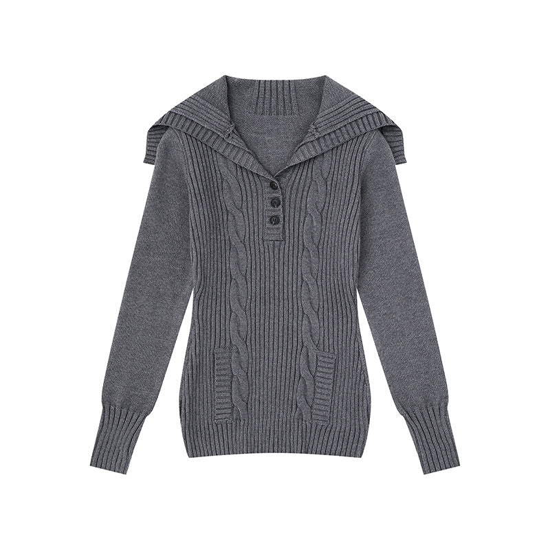 Women's knit sweater with cable pattern, shawl collar and button placket Mune Fashion