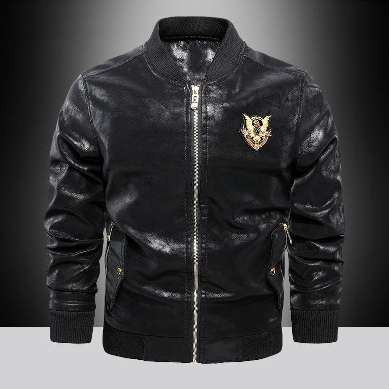 Men's Faux Leather Bomber Jacket in Aviator Style with Emblem Application Mune Fashion