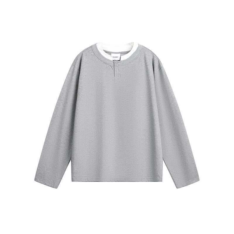 Unisex Casual Layering Henley Long Sleeve Shirt with Contrast Double Collar Mune Fashion