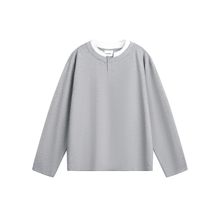 Unisex Casual Layering Henley Long Sleeve Shirt with Contrast Double Collar Mune Fashion