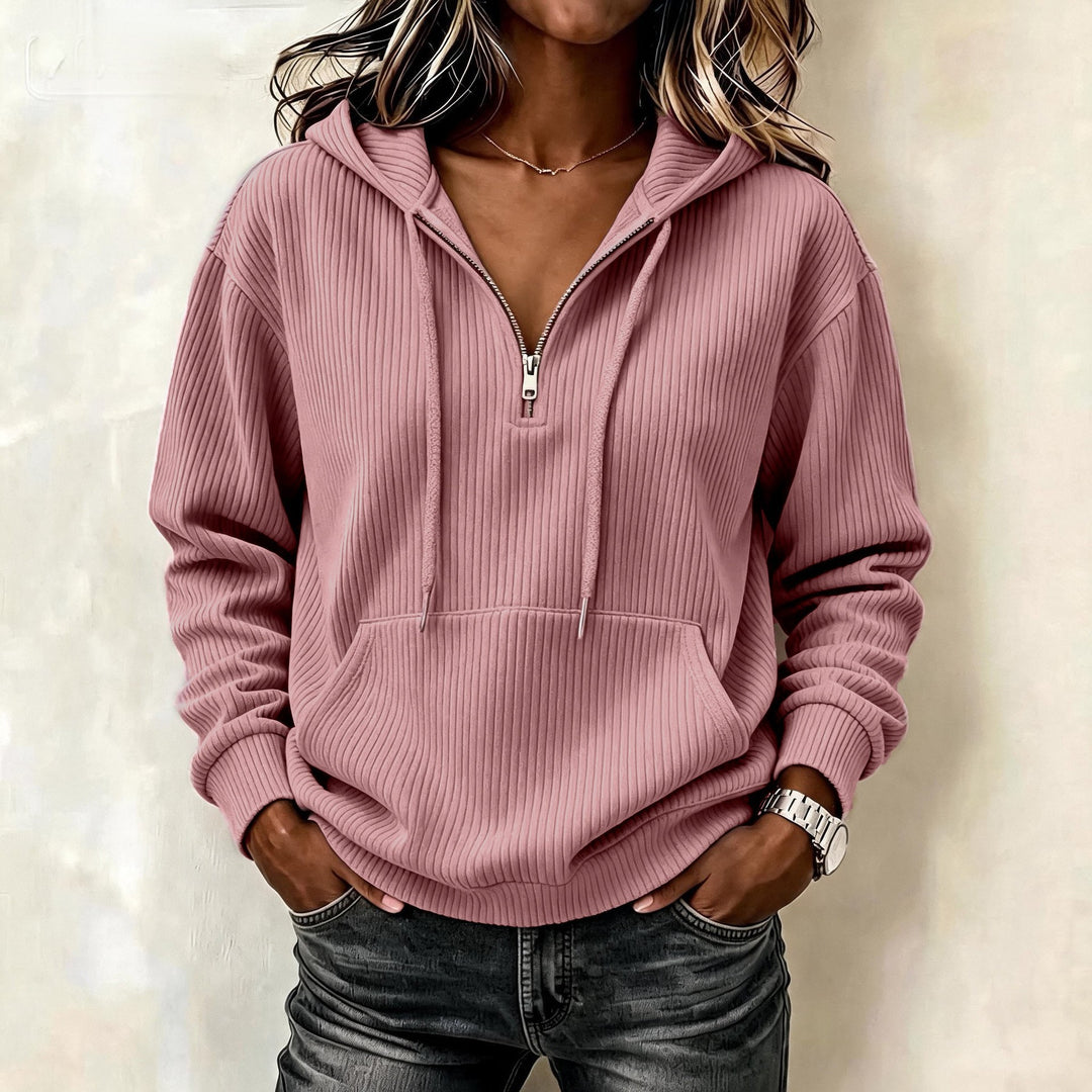 Women's Knitted Ribbed Hoodie with Half Zipper, Kangaroo Pocket and Oversized Fit Mune Fashion