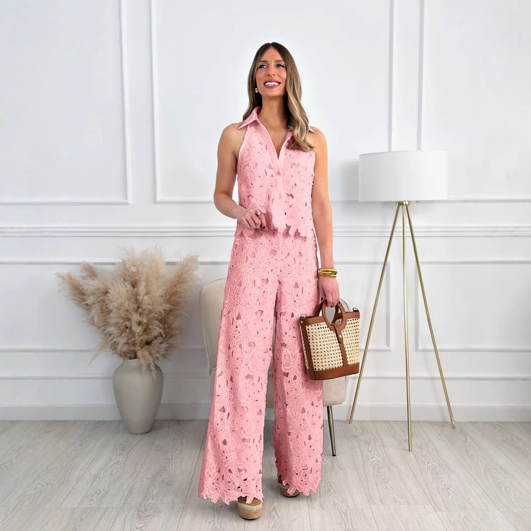 Ladies' airy lace two-piece with shirt collar and wide leg Mune Fashion