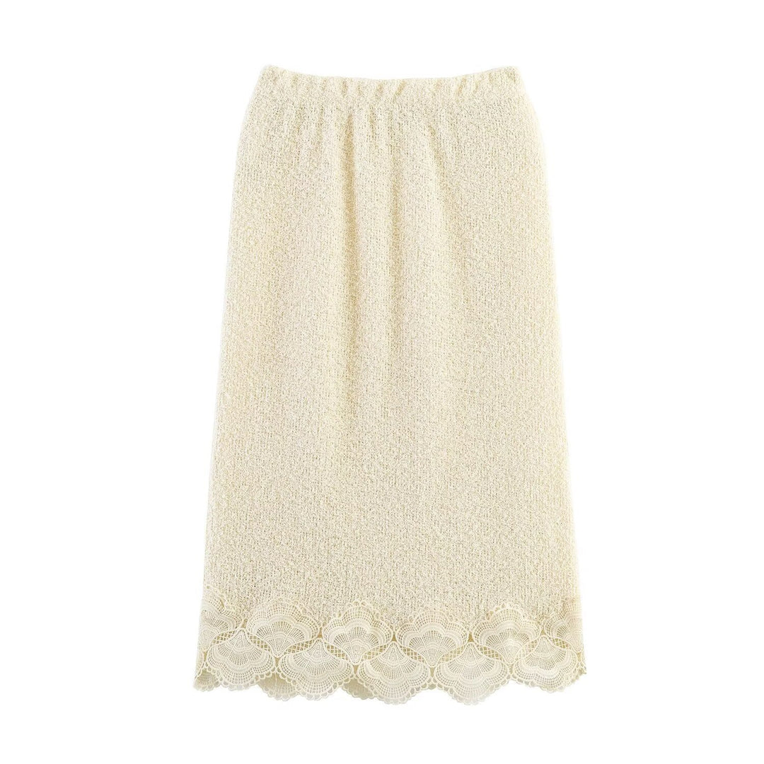 Women Boucle Knit Sweater with Lace Trim and Wavy Hem Mune Fashion