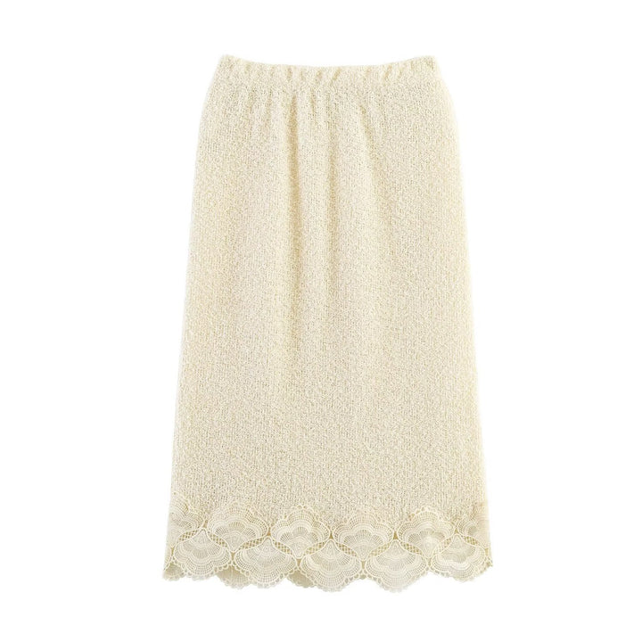 Women Boucle Knit Sweater with Lace Trim and Wavy Hem Mune Fashion