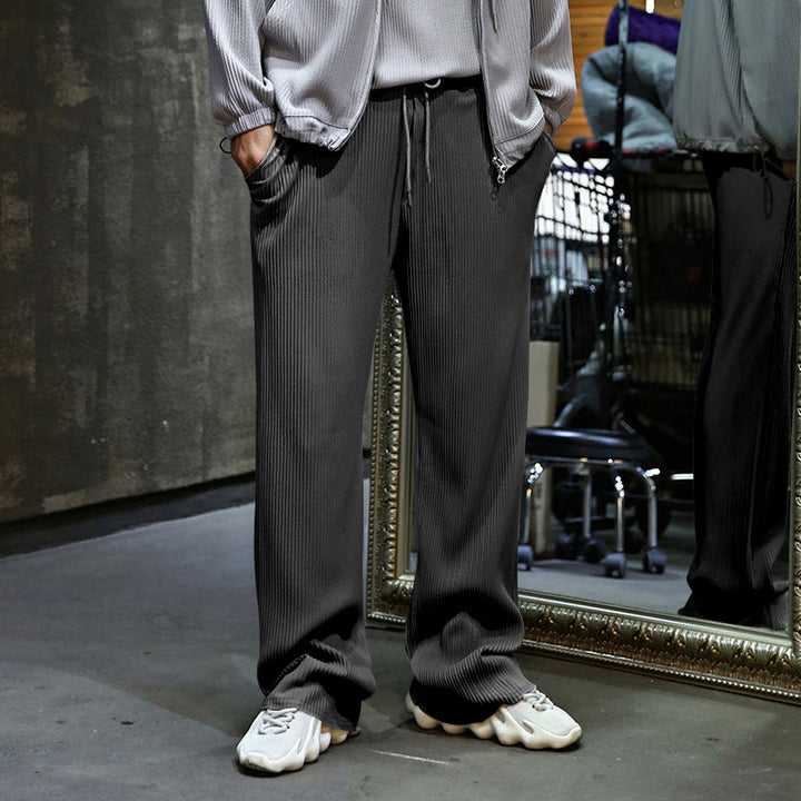 Men's Casual Ribbed Relaxed Pants with Wide Leg, Drawstring & Side Pockets