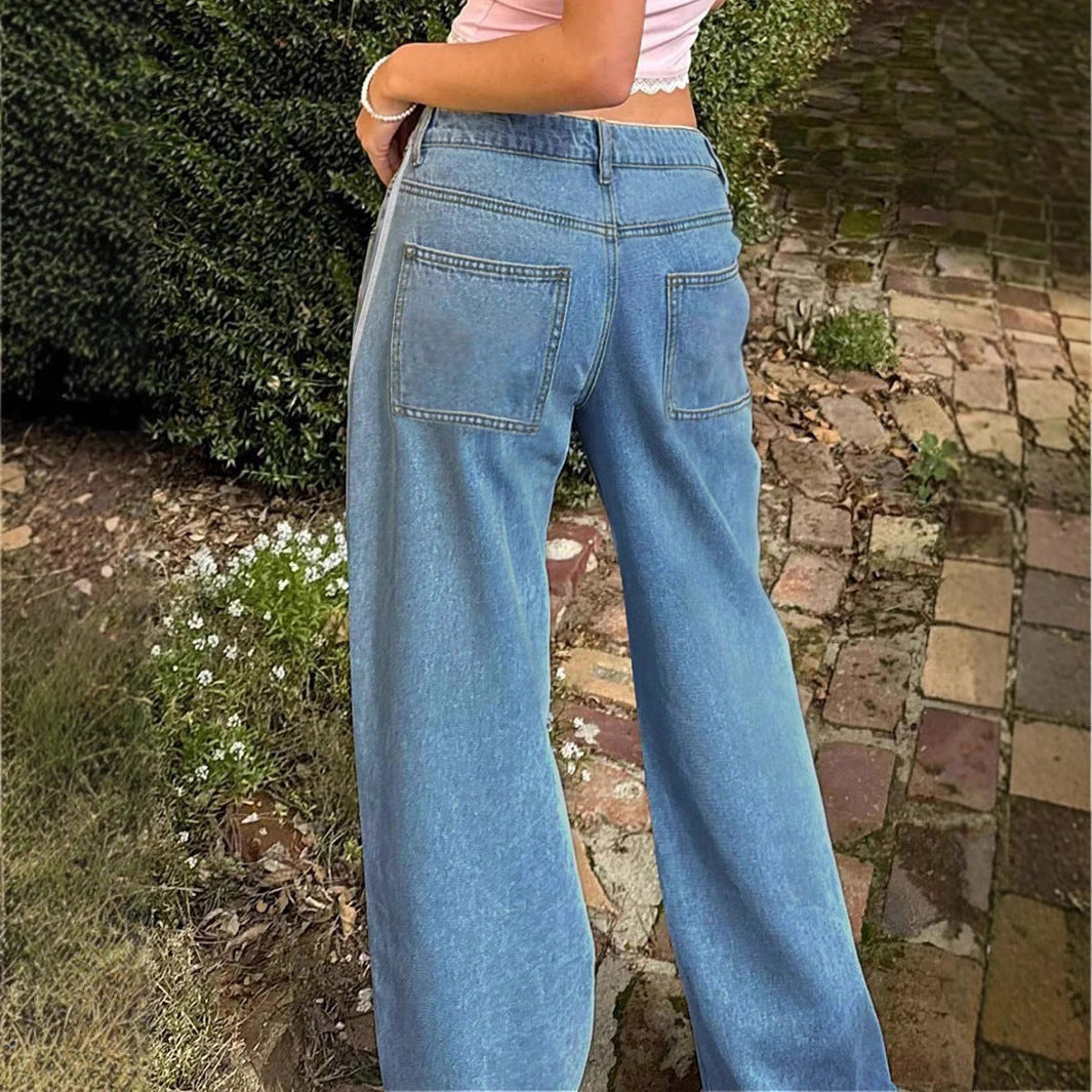Ladies wide denim jeans with sporty side stripe Mune Fashion