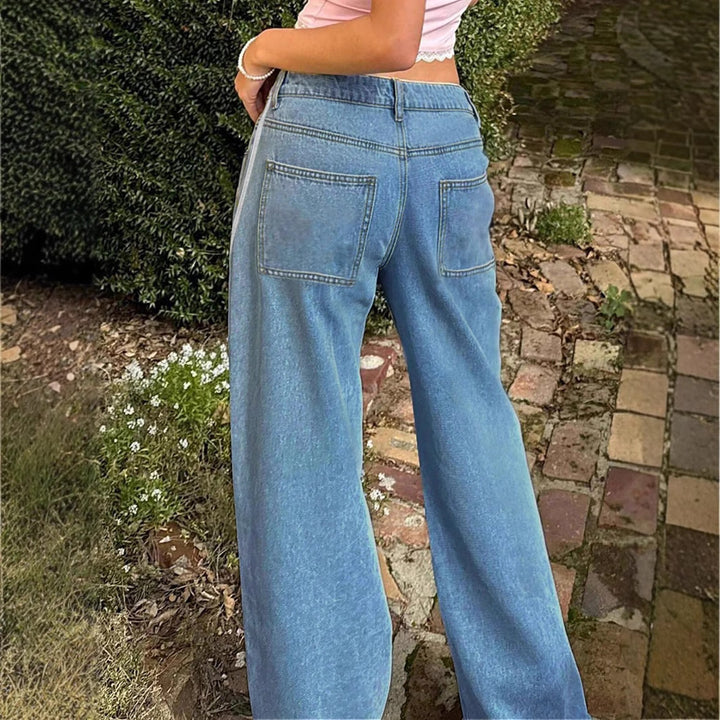 Ladies wide denim jeans with sporty side stripe Mune Fashion