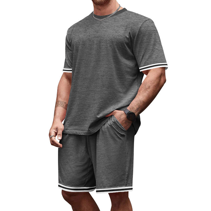 Men's casual jersey set consisting of short-sleeve shirt and bermuda shorts with contrasting stripes, elastic waistband, and insert pockets Mune Fashion