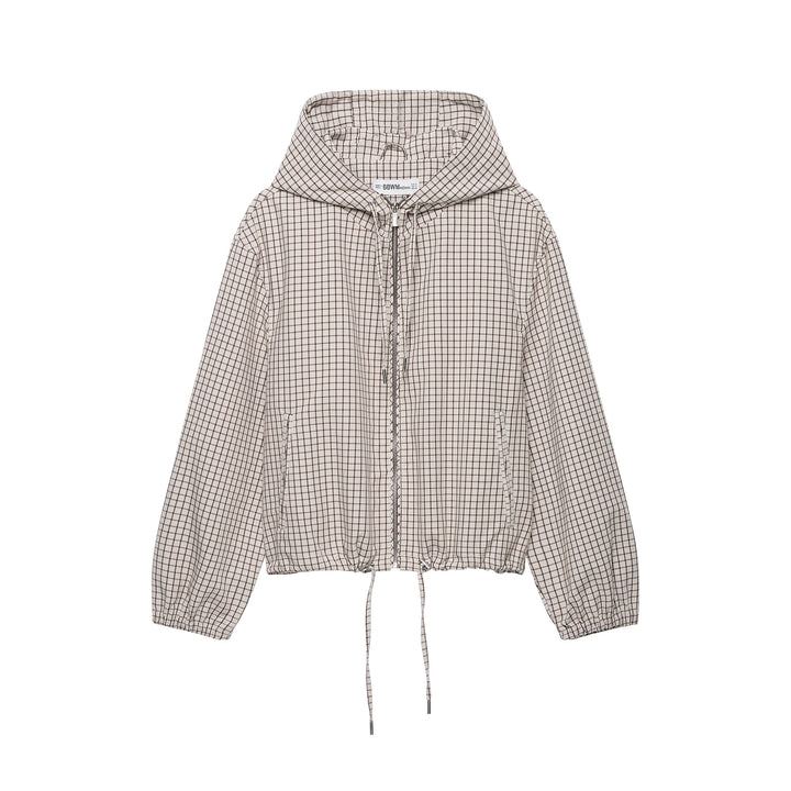 Women Checked Cropped Hoodie with Drawstring and Zipper Mune Fashion