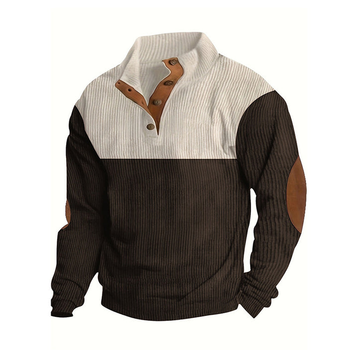 Men's Structured Half-Button Sweater with Stand Collar, Ribbed Texture and Elbow Patches Mune Fashion
