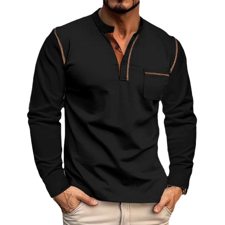 Men's long sleeve shirt with mandarin collar, chest pocket, and contrast decorative seams Mune Fashion