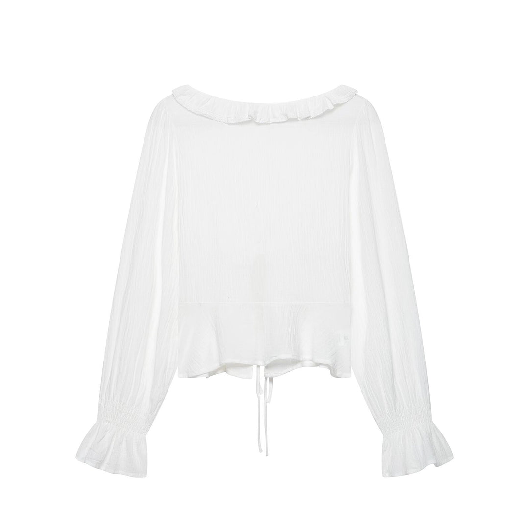 Women's Ruffle Blouse with Deep V-Neck, Tie Band, and Gathered Balloon Sleeves Mune Fashion