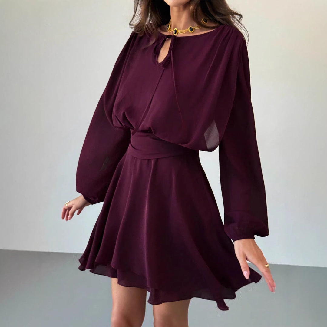 Women's Elegant flowing chiffon dress with gathered waist yoke, long balloon sleeves and tie collar Mune Fashion