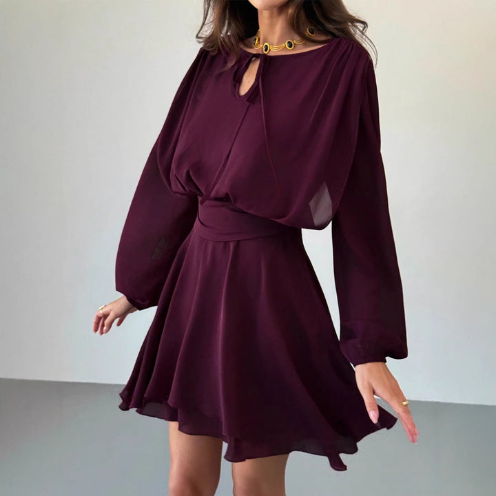 Women's Elegant flowing chiffon dress with gathered waist yoke, long balloon sleeves and tie collar Mune Fashion