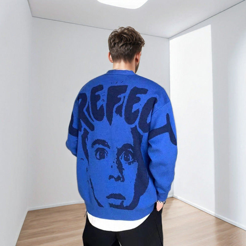 Men's oversized knitted sweater with large jacquard face design and ribbed hem Mune Fashion