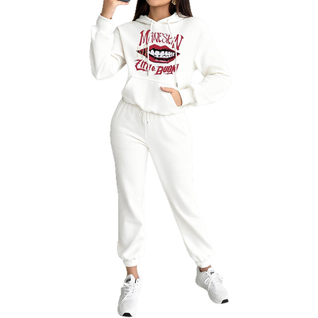 Women's hoodie and jogger set with hood, kangaroo pocket, elastic waistband, and striking lip statement print Mune Fashion