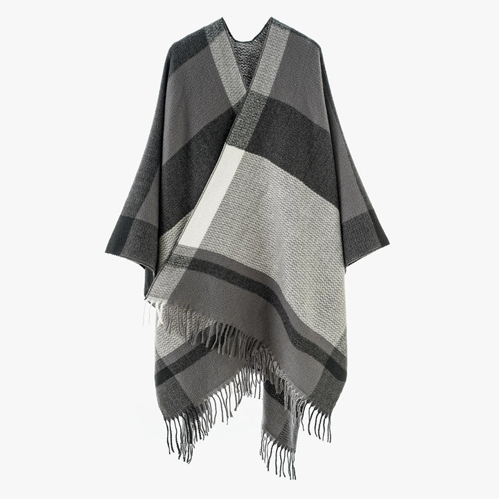 Women Oversized Wool Blend Wrap with V-Neck and Fringe Mune Fashion